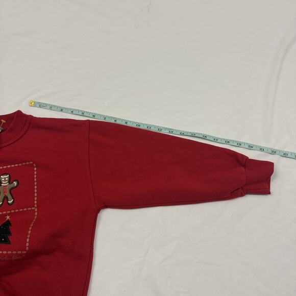 Vintage 90s Christmas Sweatshirt Size S Youth Crewneck Patches Tree Reindeer Red - Picture 6 of 7